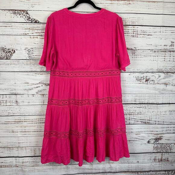 Women's Kate Sam Bright Pink Flowy Boho Tiered Ruffle Eyelet Midi Dress Size L - Picture 2 of 7